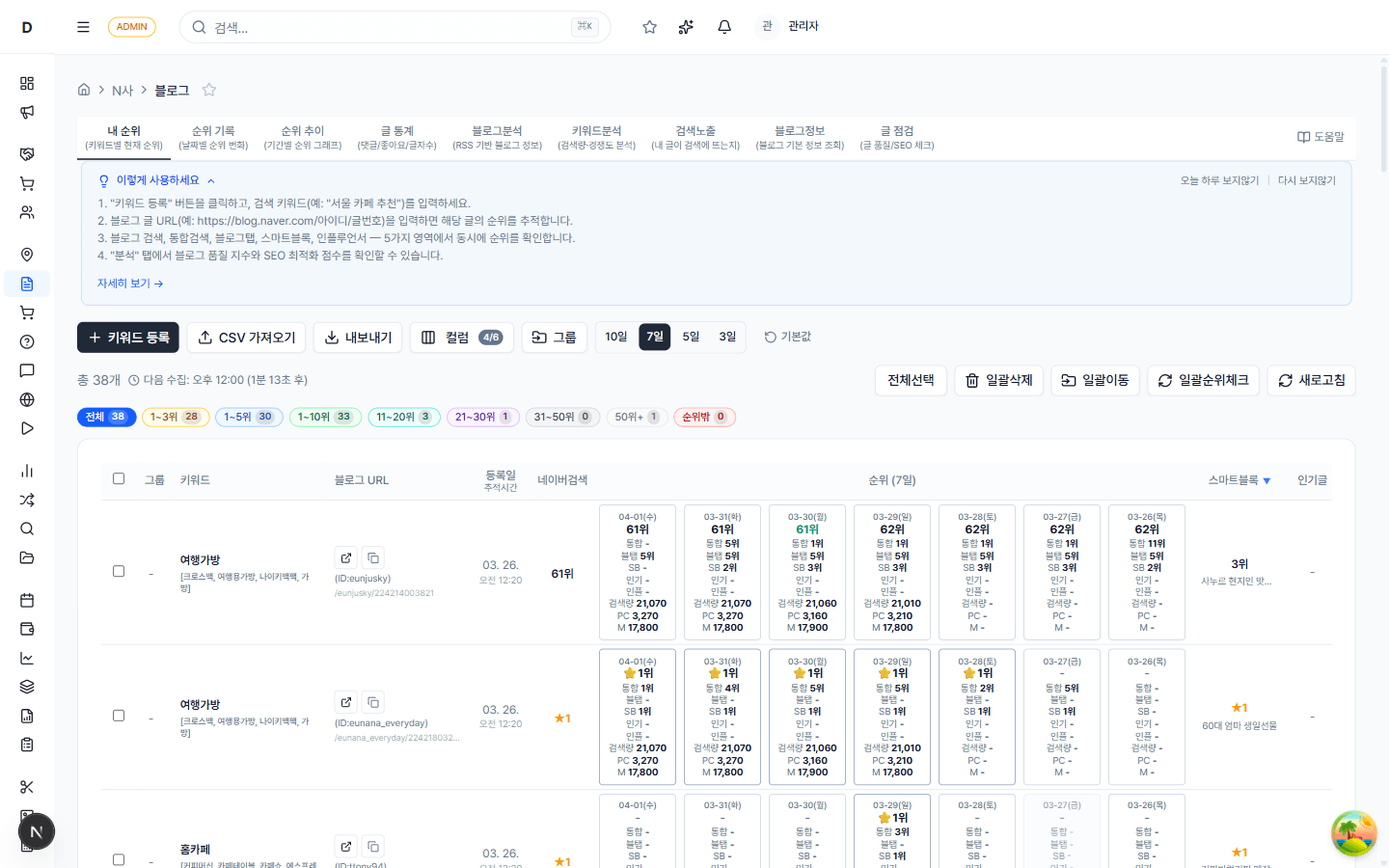 블로그 순위체크 전체 화면