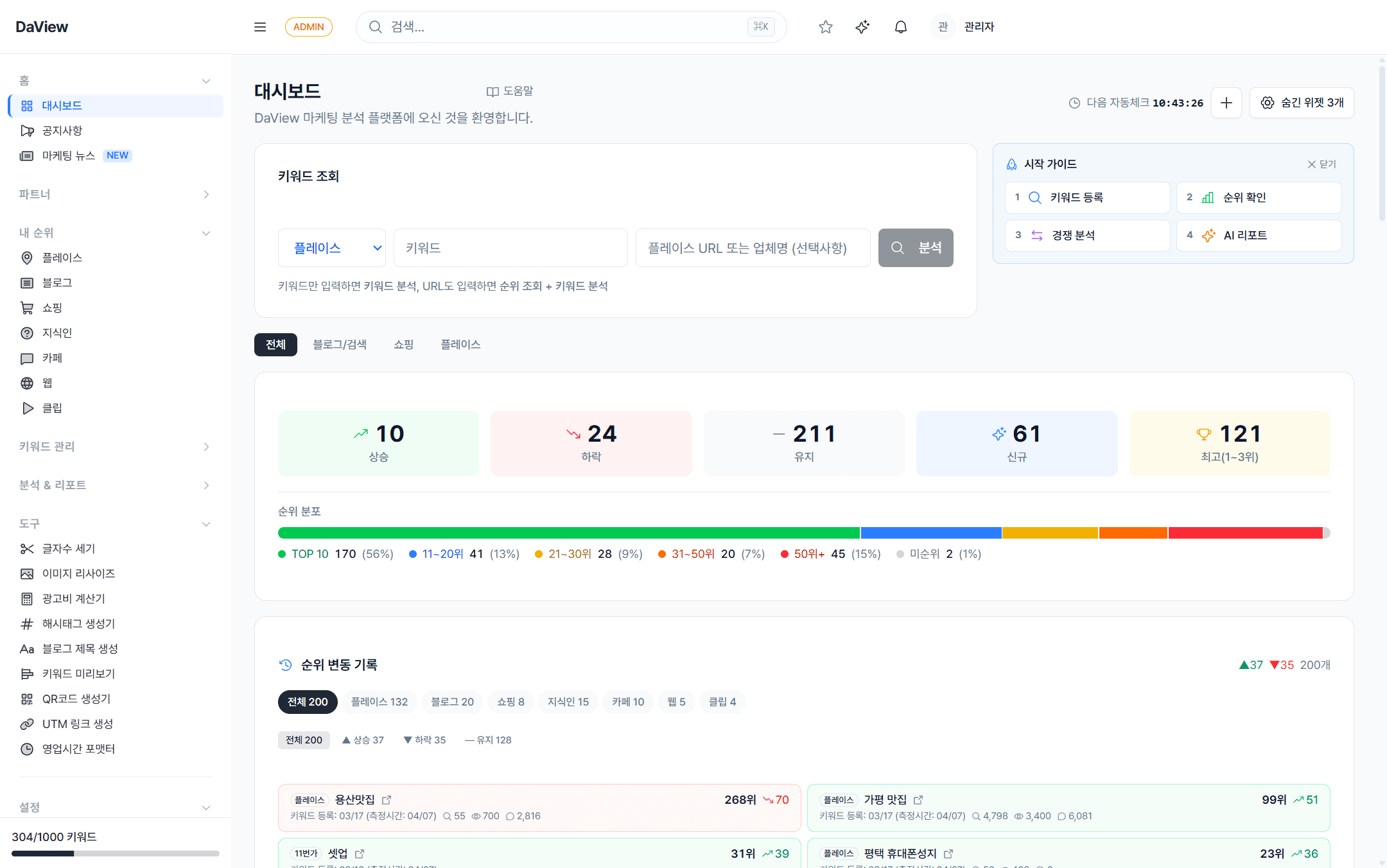 대시보드 상단의 키워드 조회 위젯